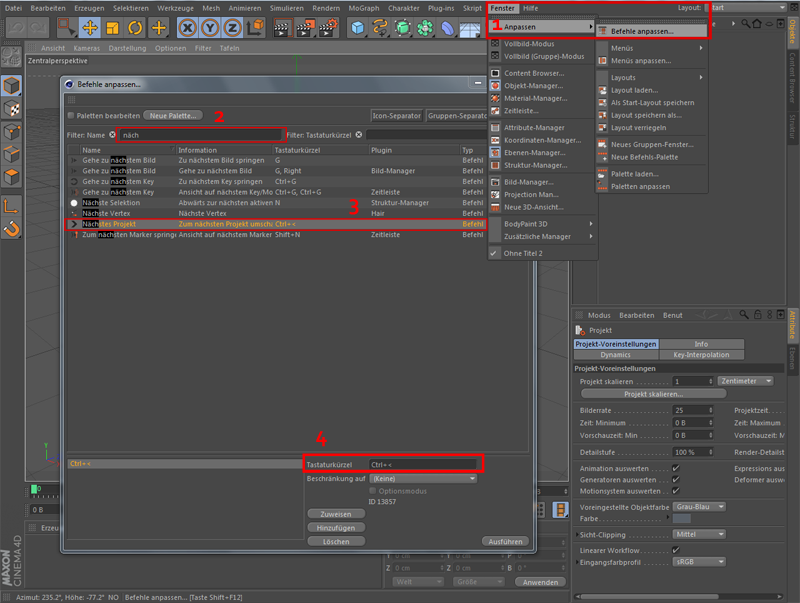 Shortcut zum wechseln zwischen Projektfenstern in C4D